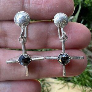 VTG Dangle‎ Cross Earrings 1" Faceted Gray Hematite Cabochon 925 Sterling 4.6g